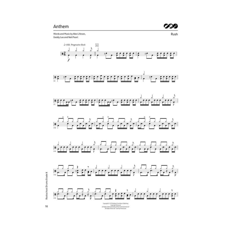 RSL Rockschool Drums - Grade 8 (2024) Exam Book Anthem By Rush Sheet Music Example