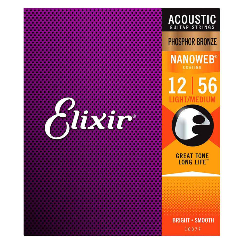 Elixir Nanoweb Phosphor Bronze Acoustic Guitar Strings 16077 12 - 56