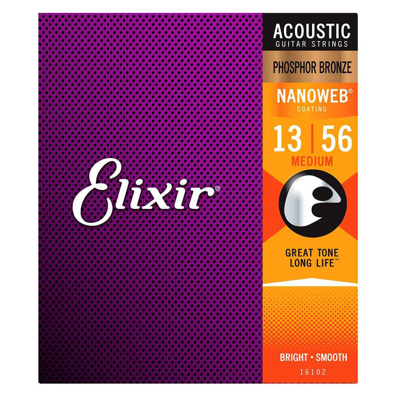 Elixir Nanoweb Phosphor Bronze Acoustic Guitar Strings 16102 13 - 56
