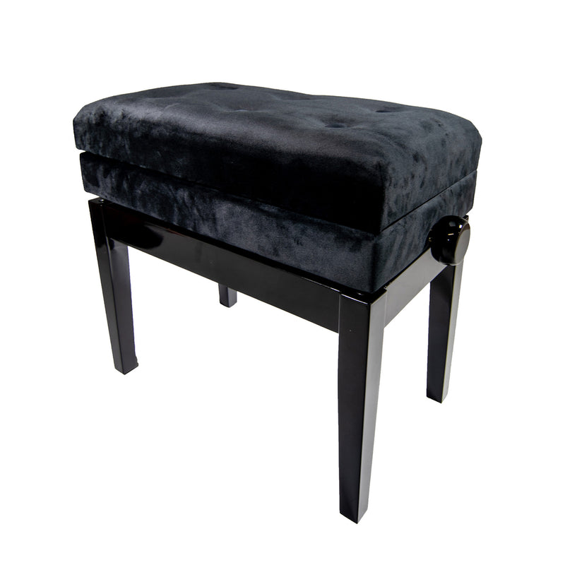 FERMATA - Adjustable Piano Stool with Book Storage Black Velvet Button Top Polished Ebony